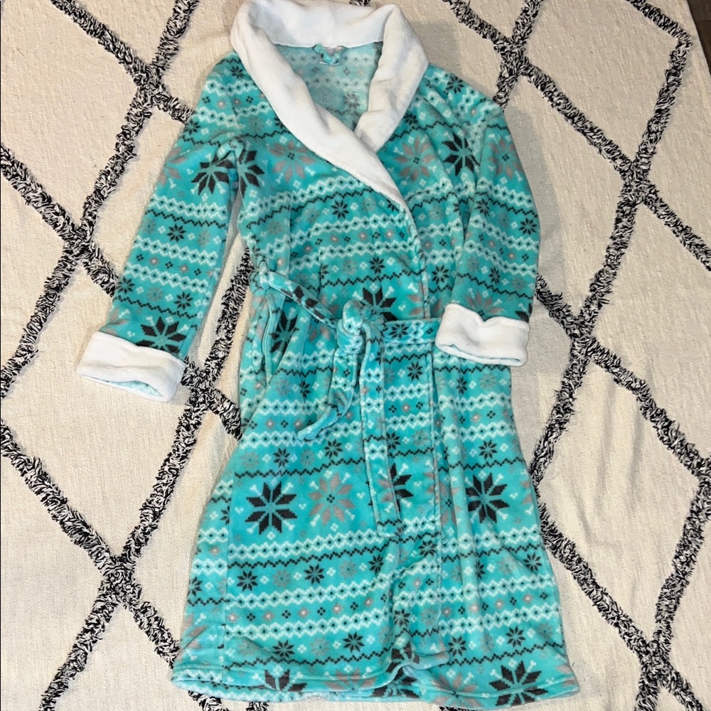 Women’s Secret Treasures Teal Grey White Plush Robe with Pockets Size L (12/14)